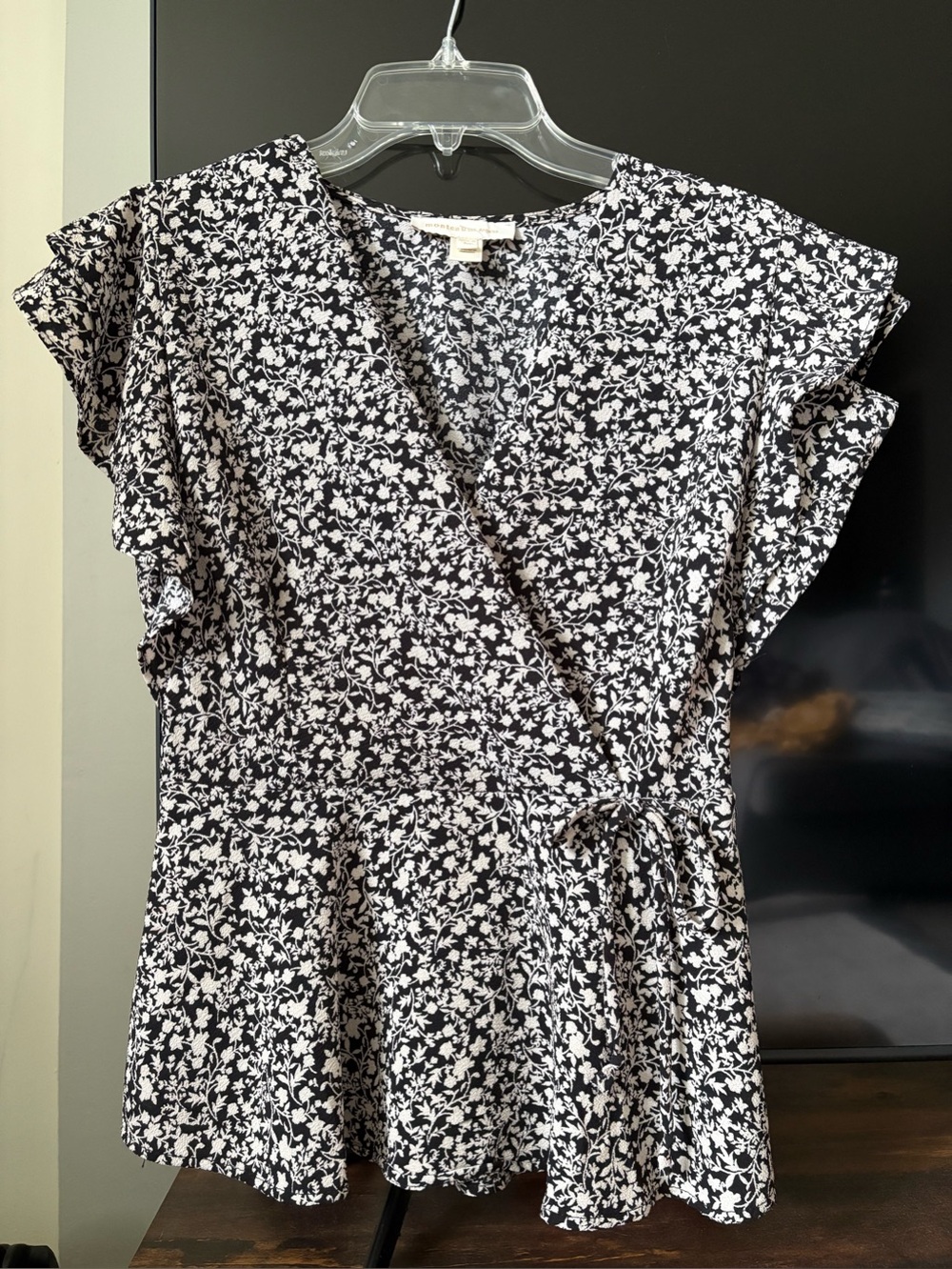 Monteau Black and White Floral Wrap Blouse